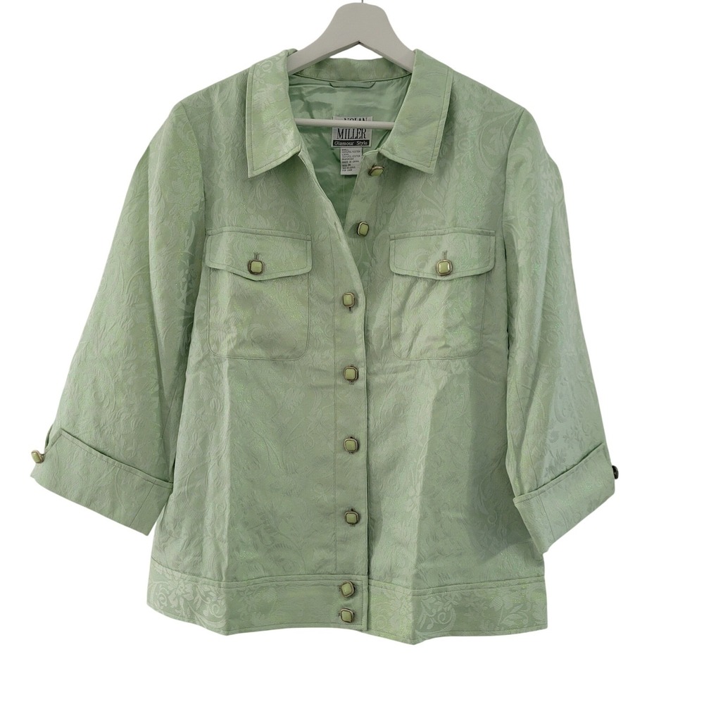 Nolan Miller Jacket Womens Medium Green Floral Jacquard Shimmer Glamour Style